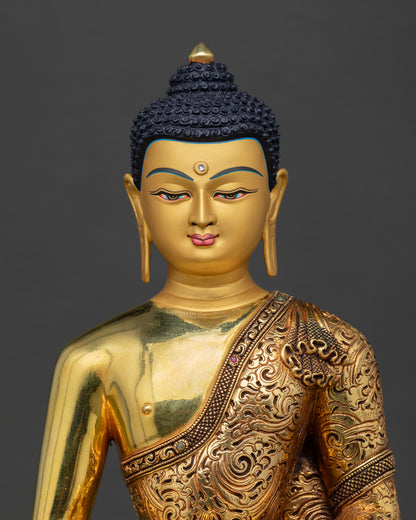 Close up Amitabha Buddha statue, gold-painted serene face, 3D relief carving repoussé detailing, semi precious stone accents