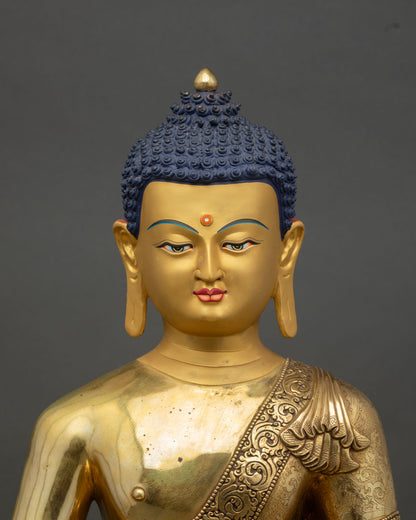 Close up Amitabha Buddha statue Nepalese copper gold lost wax fine detailing