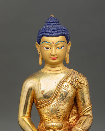 Close up Amitabha Buddha statue with serene gold face, radiating spiritual calm and sacred Buddhist art.