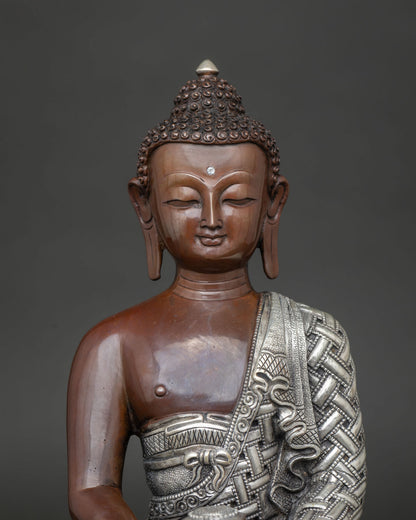 Close up Amitabha Buddha statue with silver plated patterned monk robe.