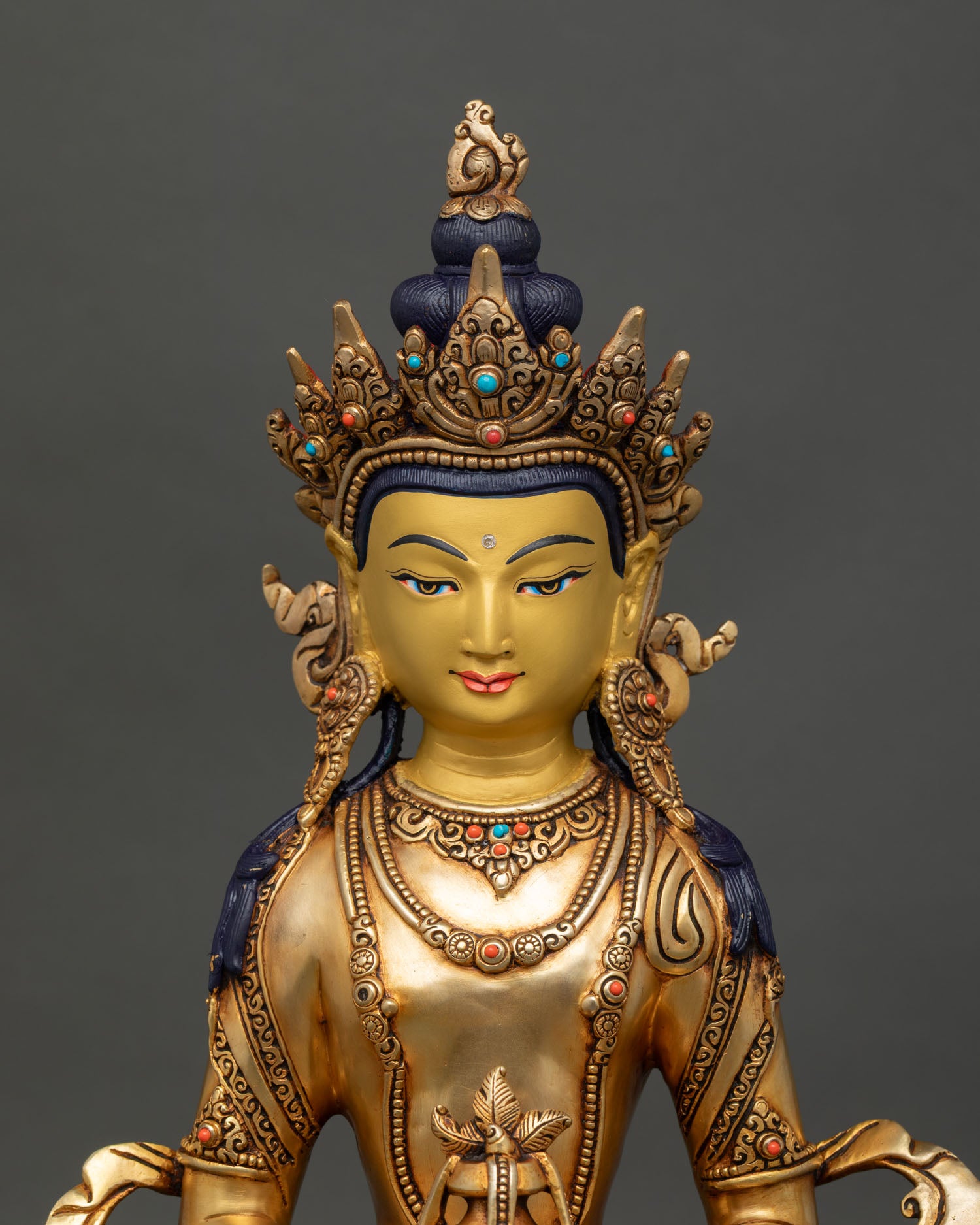 Close Up Amitayus Buddha Face Gold Painted Expression with Semi Precious Stones Meditation Sculpture