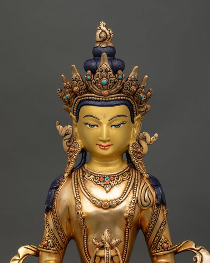Close Up Amitayus Buddha Face Gold Painted Expression with Semi Precious Stones Meditation Sculpture