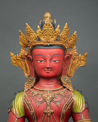 Close up Amitayus Buddha statue showing serene face crown jewelry and intricate hand painted acrylic and semi precious stone detailing
