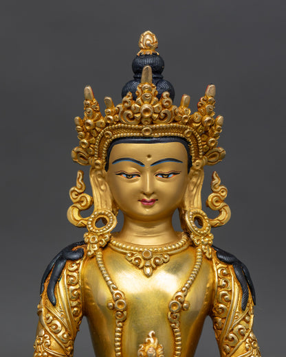 Close up View of Amitayus face gold painted handmade Nepal Buddhist deity blessings