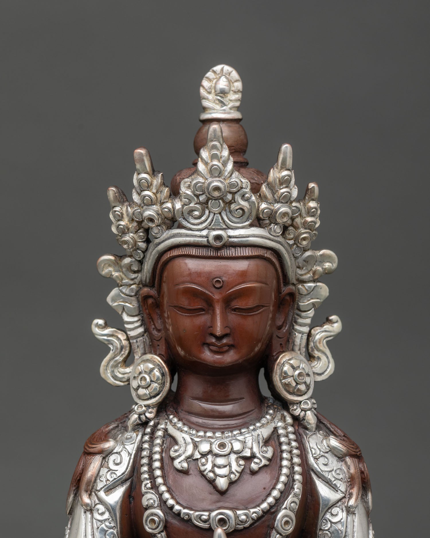 Close Up Amitayus Face Longevity Vase Dhyana Mudra Royal Bodhisattva Detail