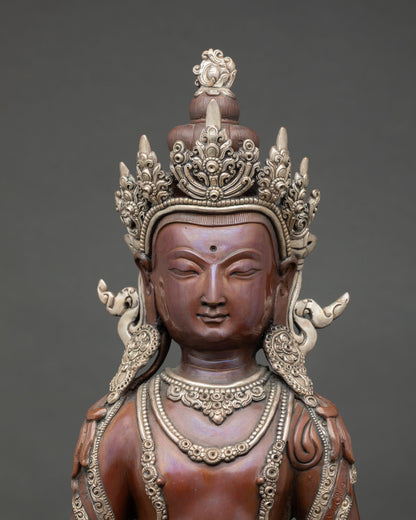 Close up Amitayus long life deity holding sacred vase on lotus pedestal with oxidized copper detail