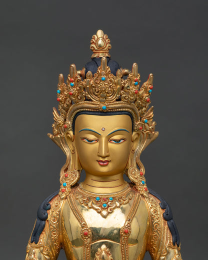 close up Amitayus sculpture handcrafted Nepal copper statue with gold fire gilding and intricate detailing