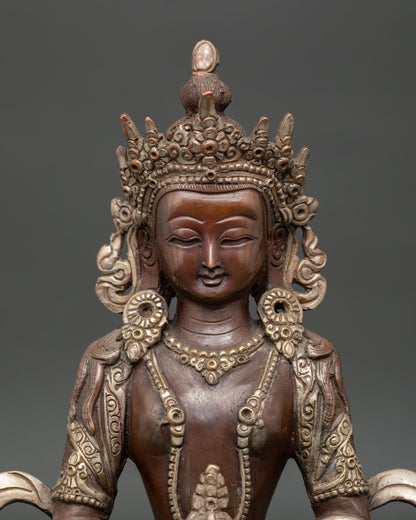 Close up Amitayus Statue copper craftsmanship antique finish and silver plated accents