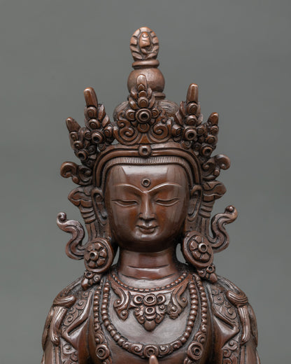 Close up Amitayus statue copper handcrafted Buddhist sacred art