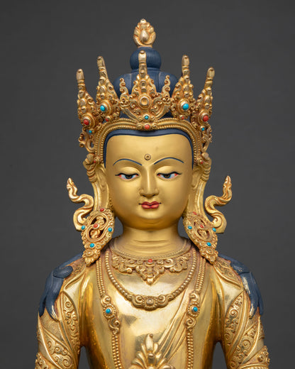 close up amitayus statue intricate copper carving 24k gold fire gilded detailing