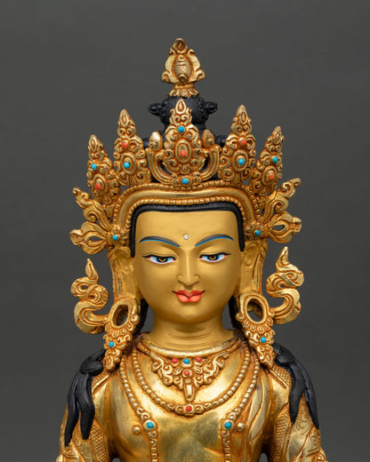 Close up of Amitayus statue serene face detailed engraving sacred longevity Buddha, spiritual art