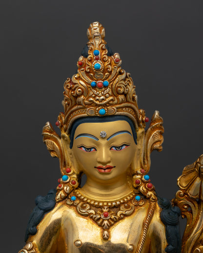 close up Avalokiteśvara face detail, jeweled crown, semi-precious stones, Buddhist sculpture