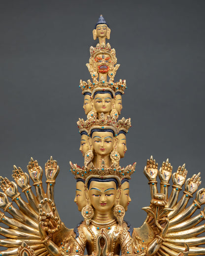 Close up Avalokiteshvara face with eleven tiers of wisdom eyes and serene expression Himalayan Buddhist detailing