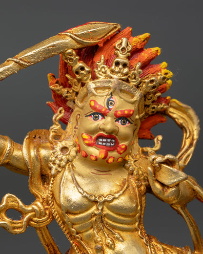 Close up Black Manjushri statue gold painted face third eye five skull crown fiery halo detailed Himalayan lost wax casting sculpture