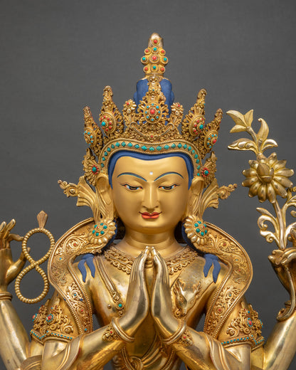 close up chenrezig bodhisattva statue handcrafted nepal copper gold gilded detail view
