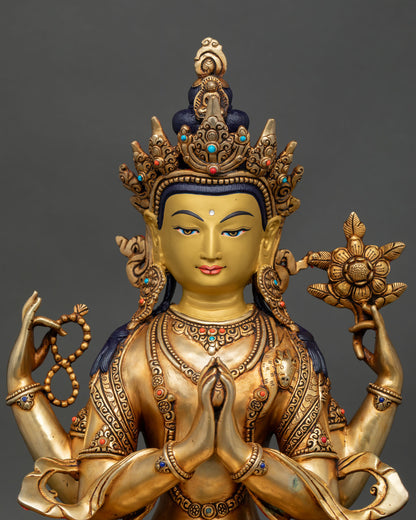 Close Up Chenrezig Face Detail Gold Painted Expression with Semi Precious Stones Himalayan Buddhist Sculpture