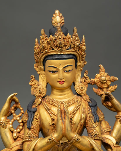 Close Up Chenrezig Face Detail Gold Painted Expression with Wish Fulfilling Jewel Himalayan Art