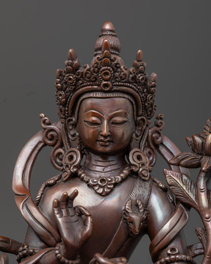 Close up Chenrezig face detail ornate crown lotus prabhavali Himalayan Newari craftsmanship Nepal