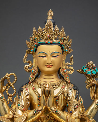 Close up Chenrezig face gold painted finish semi precious stones crystal mala jeweled lotus flower Himalayan Buddhist sacred sculpture