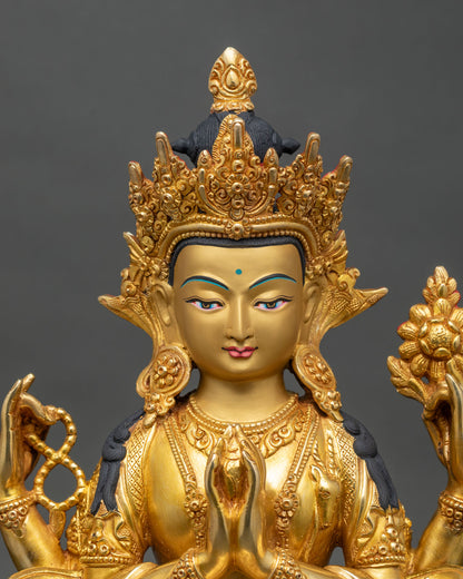 Close up Chenrezig face gold-painted handcrafted Newari artisan sacred Bodhisattva