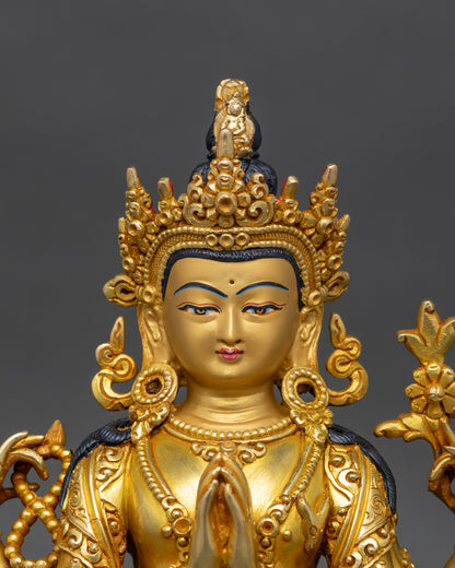 close-up-chenrezig-face-handcrafted-nepal-buddhist-statue-gold-painted-detail