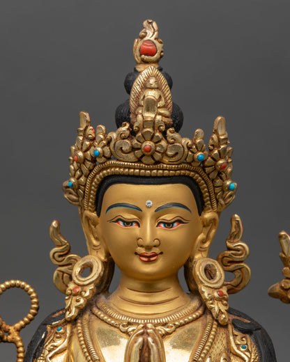 Close up Chenrezig face serene expression jeweled crown meditation altar decor