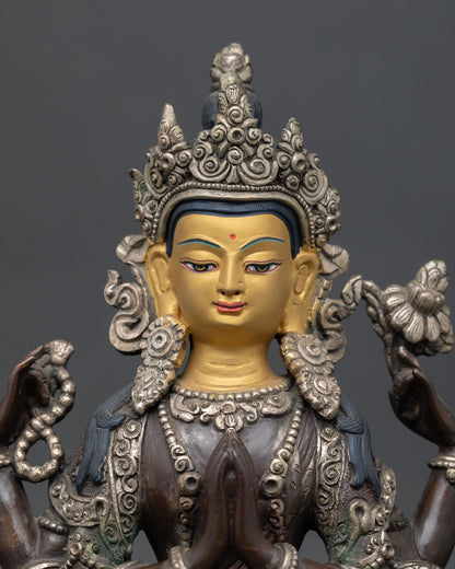 close up chenrezig statue oxidized copper silver finish bodhisattva detail newari craft nepal