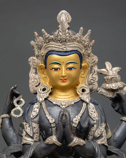 Close up Chenrezig statue showing serene compassionate expression with intricate Nepalese craftsmanship 