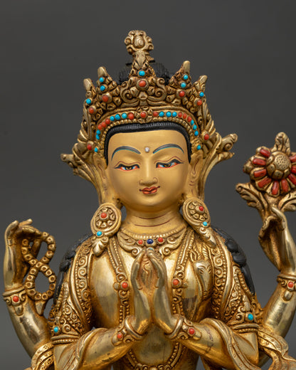 Close up Chenrezig statue wish fulfilling jewel crystal mala lotus flower intricate details