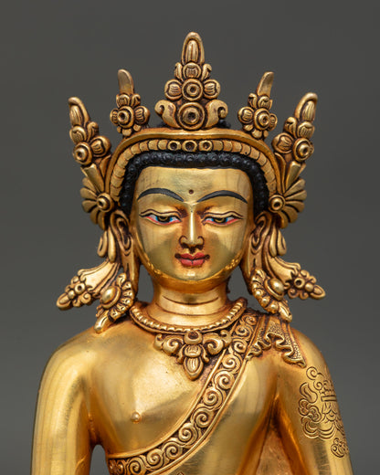 close up crown shakyamuni buddha statue handcrafted copper gold gilded repoussé detailing