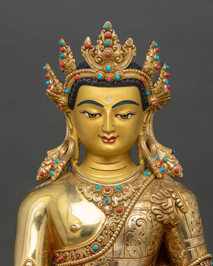 Close-up of Crowned Shakyamuni Buddha statue showing intricate copper and gold details