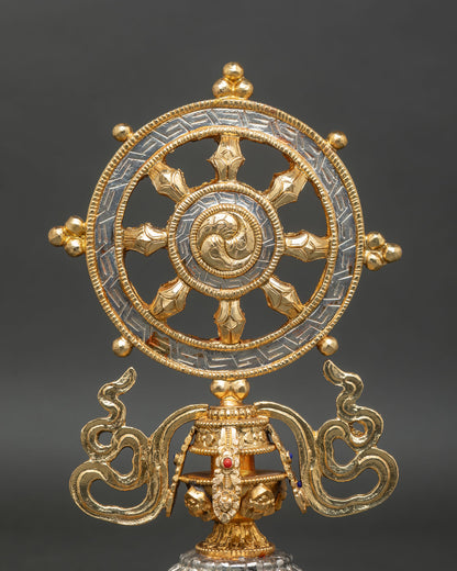 Close up Dharma Wheel eight spokes Noble Eightfold Path symbolism