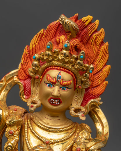 Close up Dorje Phagmo face, radiant 24K gold, fierce compassion, enlightened feminine energy