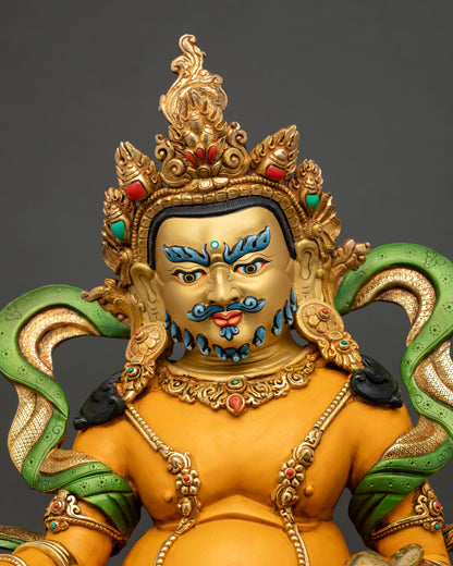 Close up Dzambhala Buddhist wealth god statue with gold gilded face semi wrathful expression premium acrylic colors and intricate 3D carving details