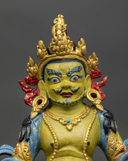 Close up Dzambhala face detail with expressive features handcrafted Nepal sculpture