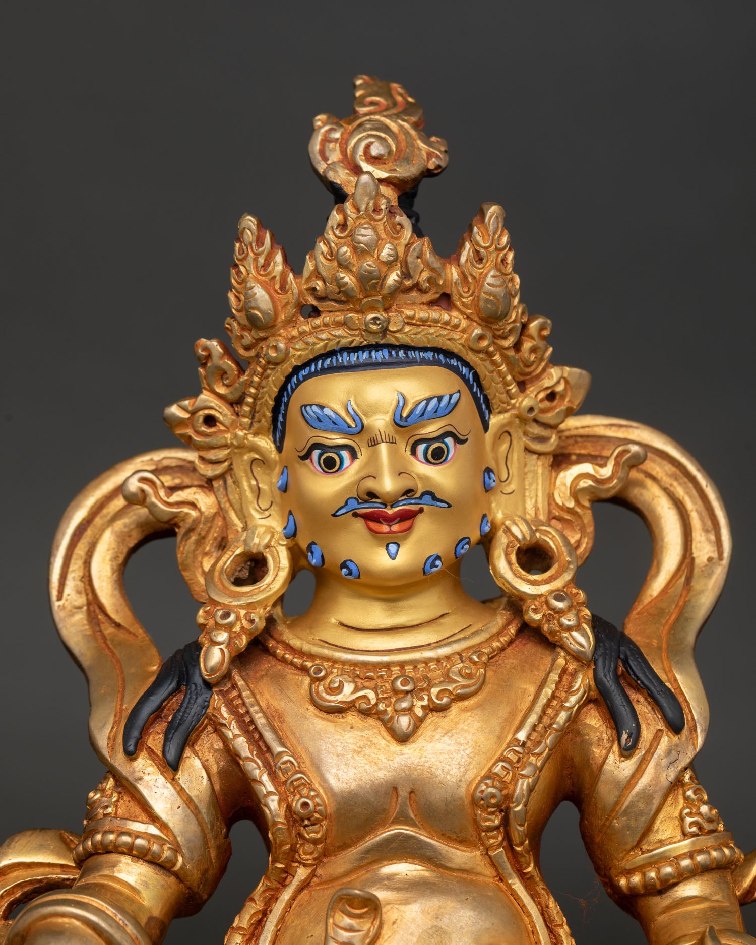 Close Up Dzambhala, Face Gold Painted Expression Buddhist God of Wealth Himalayan Art
