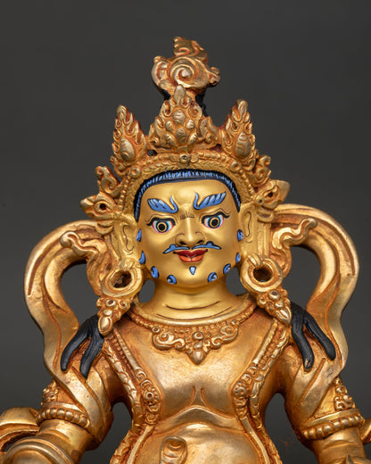Close Up Dzambhala, Face Gold Painted Expression Buddhist God of Wealth Himalayan Art