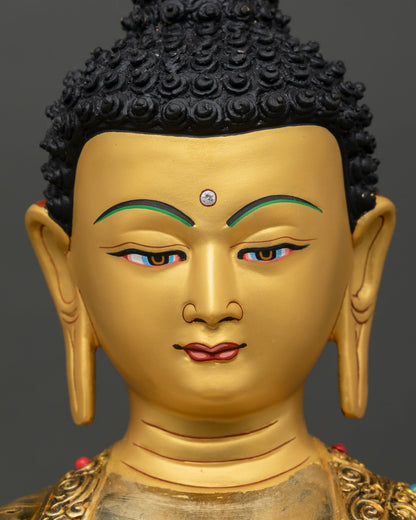 close up face, amitabha sang-gye buddha serene expression, gold painted face symbolizing infinite light and calm wisdom