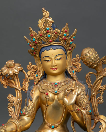 close up green tara statue showing fine copper detailing and hand crafted ornaments