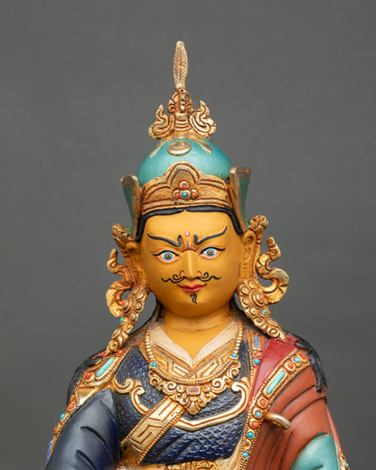 Close up Guru Padmasambhava face detail hand painted acrylic colors serene expression sculpture Himalayan craftsmanship Nepal