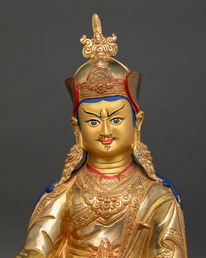 Close Up Guru Rinpoche Statue 24K Gold Fire Gilded Himalayan Buddhist Art