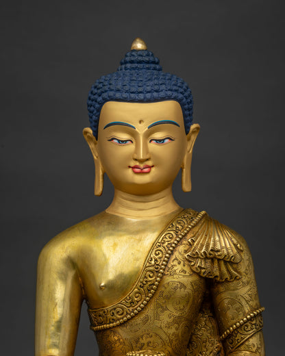 Close up view of handcrafted Shakyamuni Buddha statue in Bhumisparsha Mudra on lotus throne