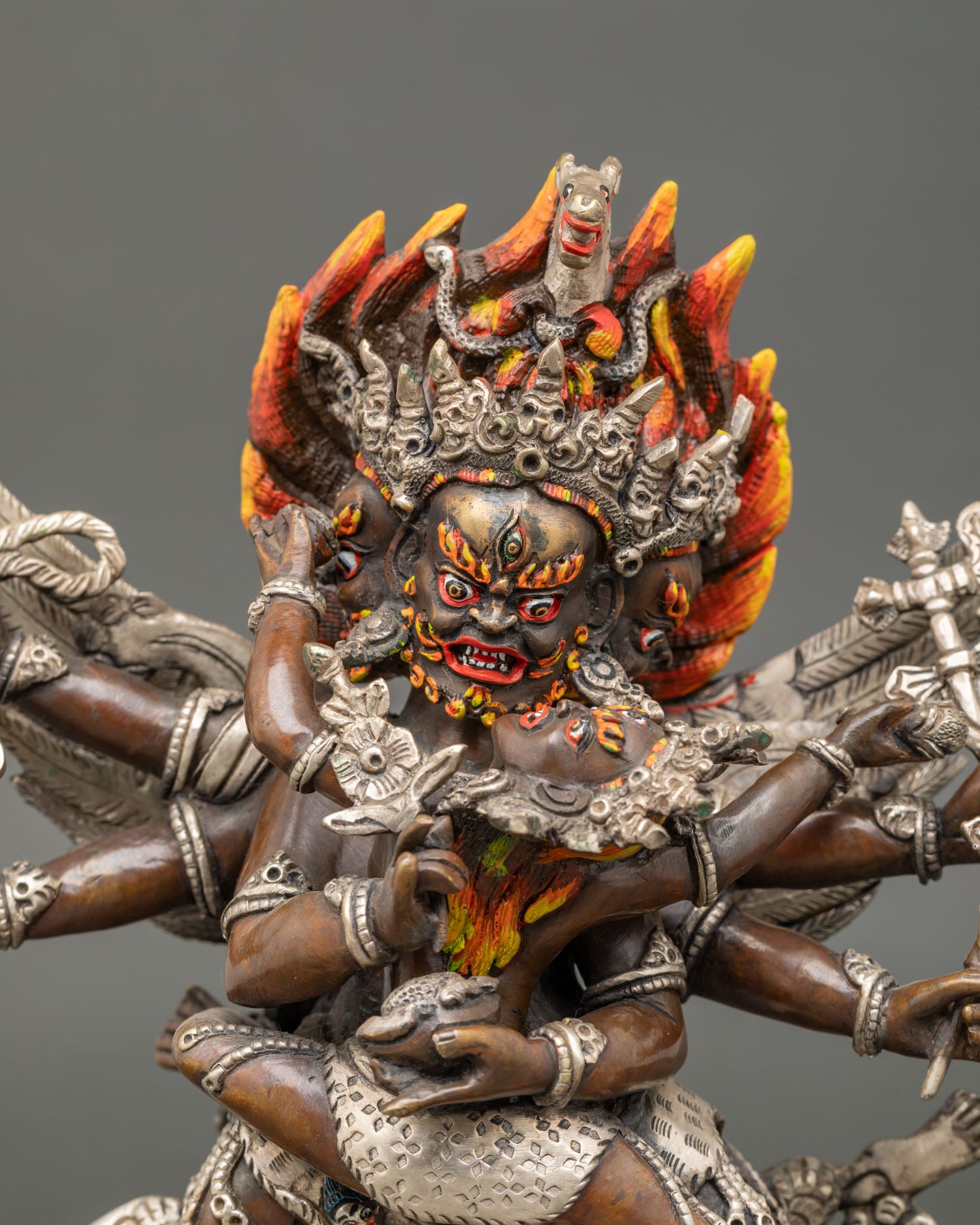 Close up Hayagriva face wrathful expression acrylic paint Buddhist deity Nepal statue