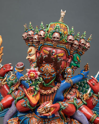 Close up Hayagriva statue flaming halo and intricate face details hand painted Nepalese art