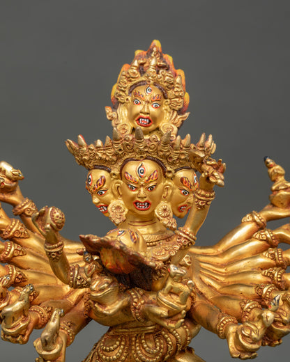 Close up Hevajra statue detailed face gold painted finish radiant gold gilding premium copper Nepal Newari artisan craftsmanship