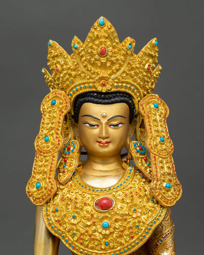 Close up Jowo Rinpoche Shakyamuni Buddha statue with Five Buddha crown, semi precious stones and intricate 3D detailing and ornaments