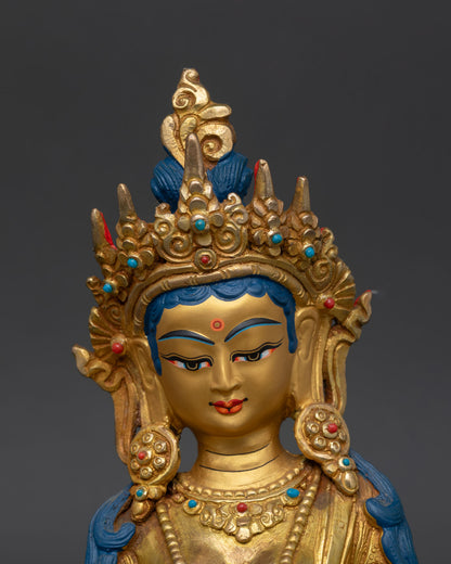 close up kshitigarbha face detail gold painted serene expression cintamani jewel