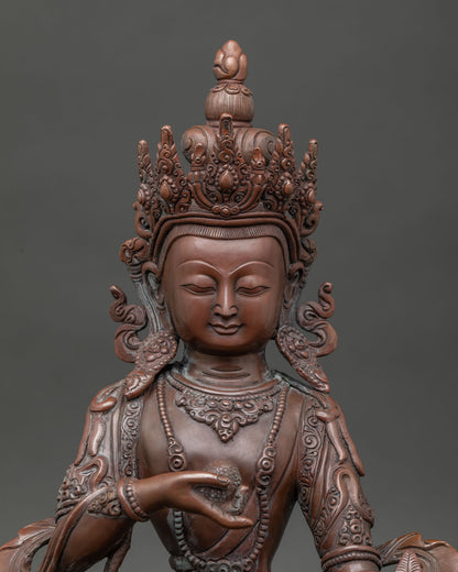 Close Up Kshitigarbha Statue Five Jewel Crown Royal Garment Intricate Details.