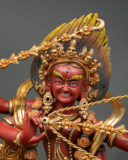 Close up Kurukulla face skull crown hand painted acrylic details tantric goddess statue Patan Nepal sacred Buddhist art