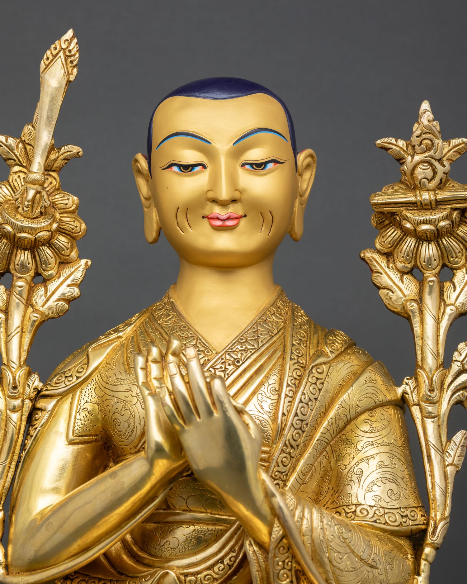 Close up Lama Tsongkhapa Statue Gold Painted Face, Himalayan Buddhist Art